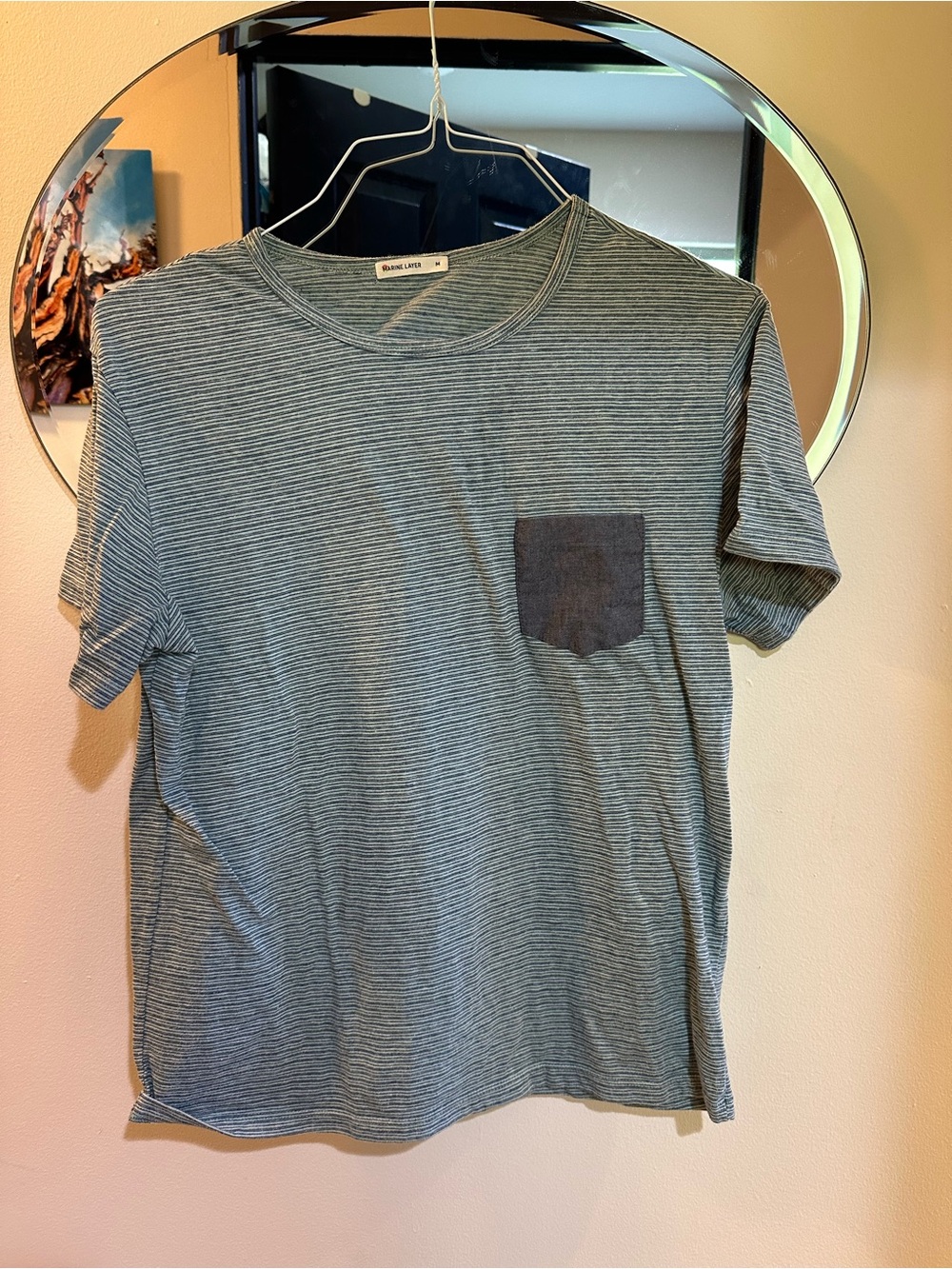 Marine Layer Men’s Medium Striped Pocket T-Shirt Gray Blue Short Sleeve